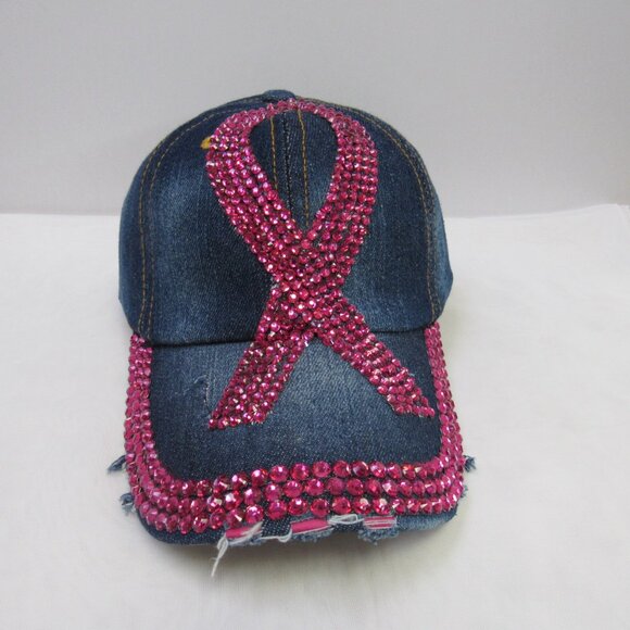 Denim Vintage Style Baseball Hat Bling Rhinestone Pink Ribbon Breast Cancer - Picture 1 of 3